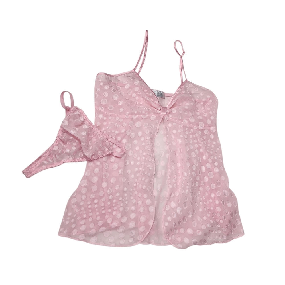 Vintage Seductive Wear Cinema Etoile Pink Dot Sheer Open Front Lingerie Set Med